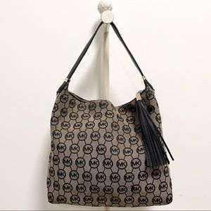 Michael Kors Beford Monogrammed Shoulder Bag Black Tan Tassel *No Long Strap*